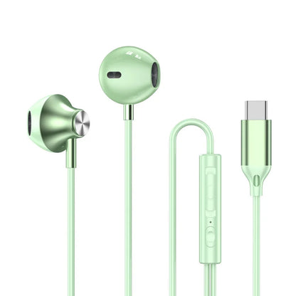 For Samsung Headphones HiFi Surround Sound In-ear USB Type C 3.5mm With wire control Wired Earplugs For Galaxy S24 S23 S22 Ultra in metallic green with inline remote control and USB Type C connector for electronics.