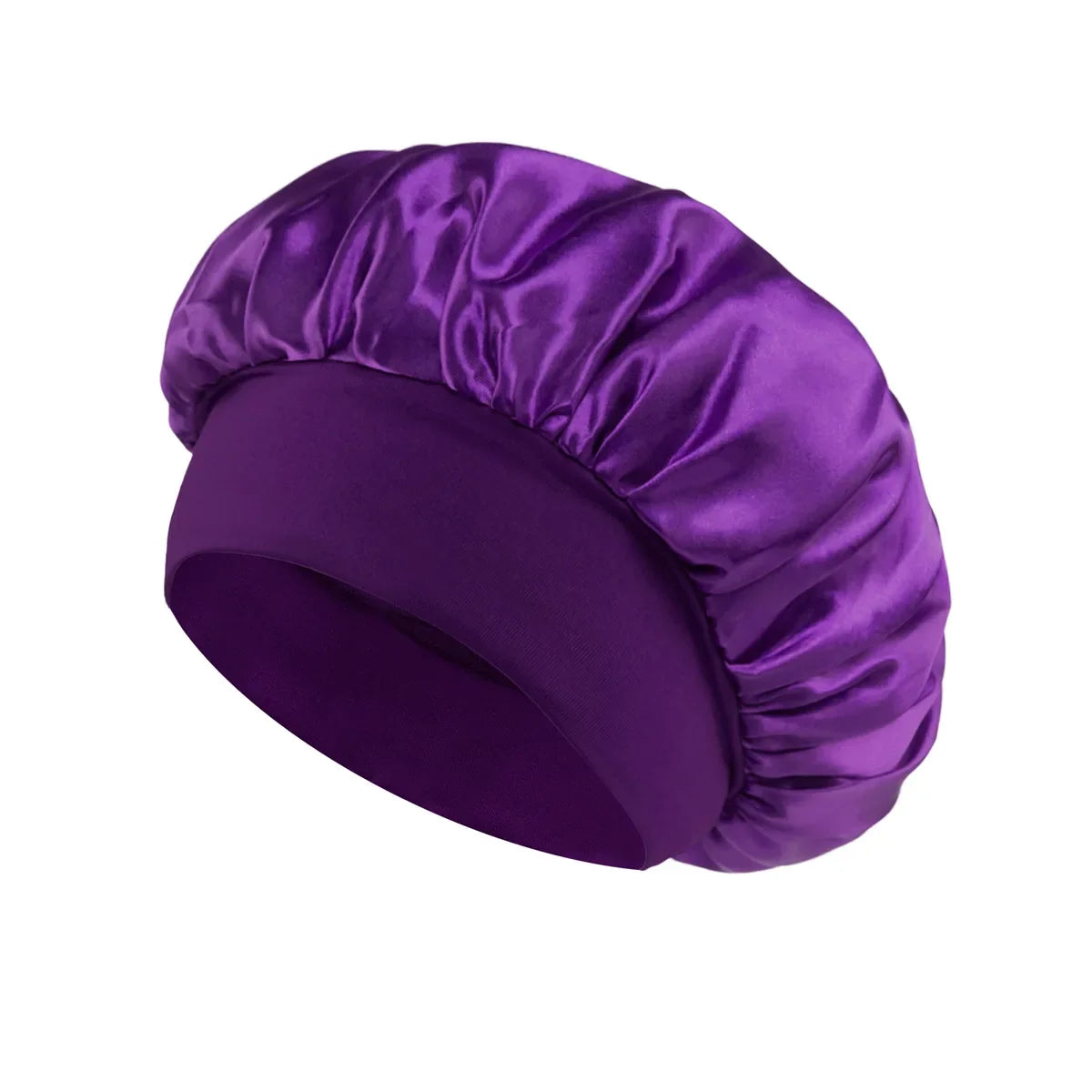Women Satin Bonnet Hair Bonnet for Sleeping Hair Care Silk Bonnets Solid Wide-brimmed Sleeping Hat with Elastic Soft Band in vibrant purple satin for gentle hair protection during sleep.