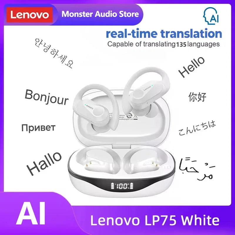 Original Lenovo LP75 TWS Bluetooth V5.3 Headphones Wireless LED Digital Display Earphones Noise Reduction Waterproof Headset New in white with charging case and multilingual real-time translation feature