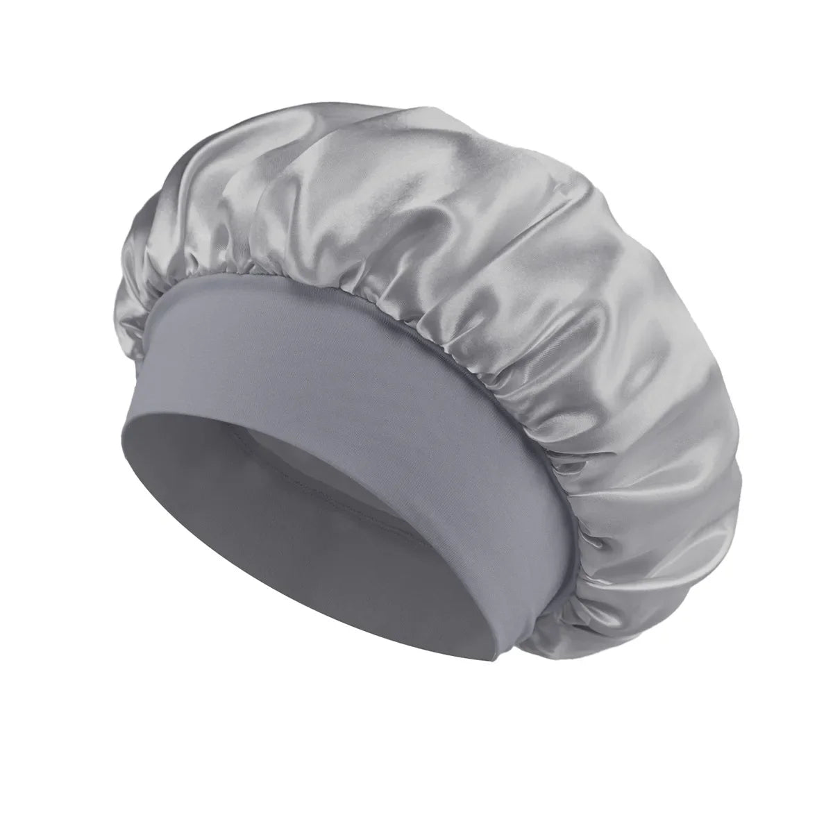 Women Satin Bonnet Hair Bonnet for Sleeping Hair Care Silk Bonnets Solid Wide-brimmed Sleeping Hat with Elastic Soft Band in smooth silver satin fabric designed for comfortable nightly hair protection.