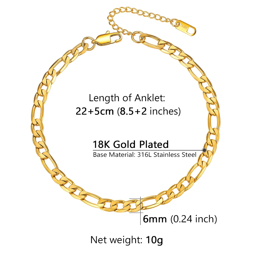 U7 Ankle Bracelets for Women 6mm Flat Curb Cuban Link Snake Figaro Mariner Link Chain Anklets Summer Beach Feet Jewelry Gift