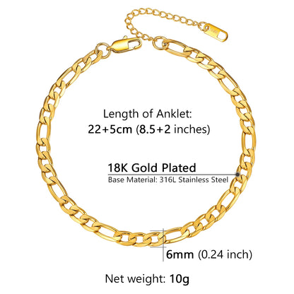 U7 Ankle Bracelets for Women 6mm Flat Curb Cuban Link Snake Figaro Mariner Link Chain Anklets Summer Beach Feet Jewelry Gift