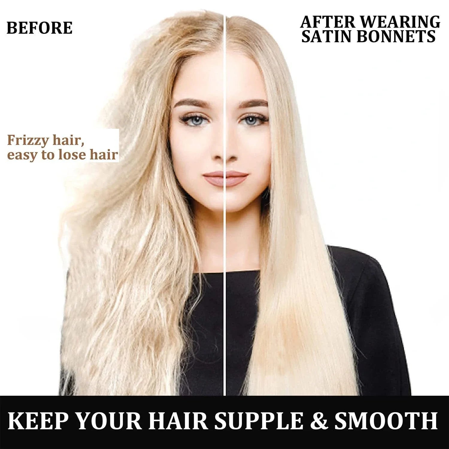 Comparison of a woman's hair before and after using Women Satin Bonnet Hair Bonnet for Sleeping Hair Care Silk Bonnets Solid Wide-brimmed Sleeping Hat with Elastic Soft Band, showing frizzy hair turning smooth and supple.