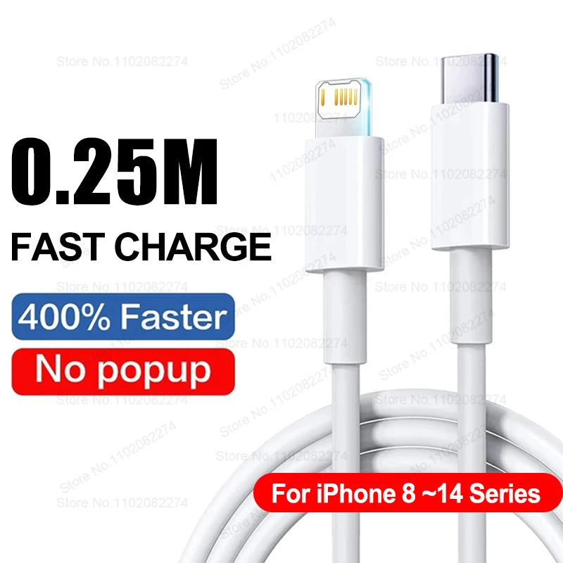 PD 40W Fast Charger For iPhone 14 13 12 11 15 16 Pro Max Phone Charger For iPhone 15 16 Plus USB C Cable Fast Charging Data Line showing a white fast charging cable with USB-C and Lightning connectors.
