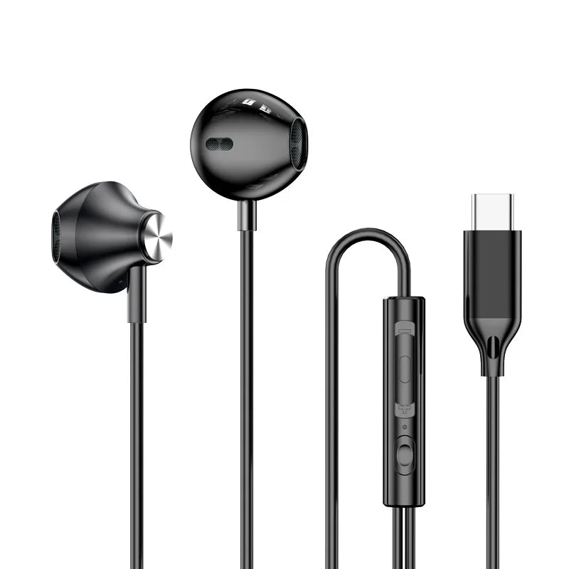 Black wired earplugs featuring HiFi surround sound, USB Type C connector, 3.5mm compatibility, and inline wire control For Samsung Headphones HiFi Surround Sound In-ear USB Type C 3.5mm With wire control Wired Earplugs For Galaxy S24 S23 S22 Ultra.
