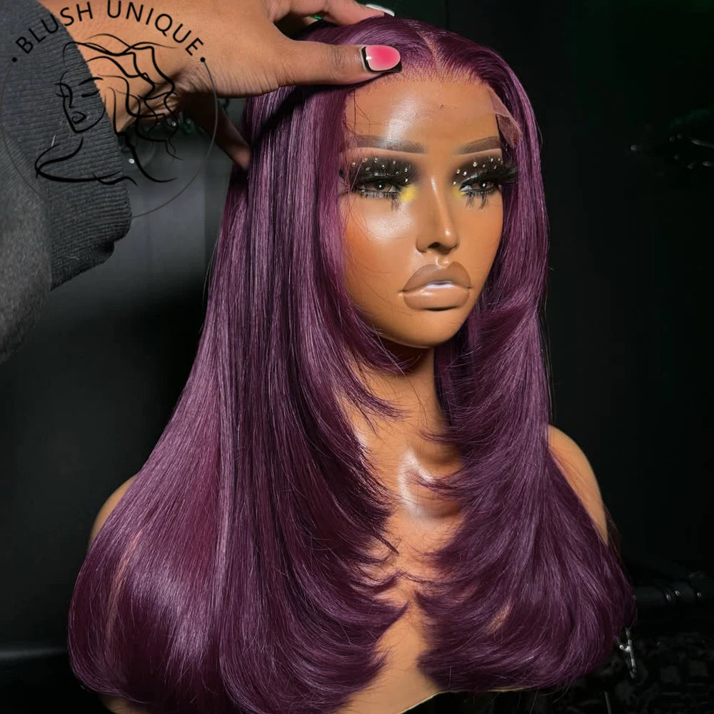 HD Straight Lace Front Wig Layered Wigs Reddish Brown Layered Cut Lace Wigs Copper Red Synthetic Butterfly Haircut Glueless Wigs