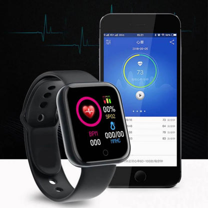 Black fitness bracelet smartwatch showing heart rate and health stats next to smartphone displaying health app interface for Multifunctional Smart Watch Men Women Bluetooth Connected Phone Music Fitness Sports Bracelet Sleep Monitor Y68 Smartwatch D20