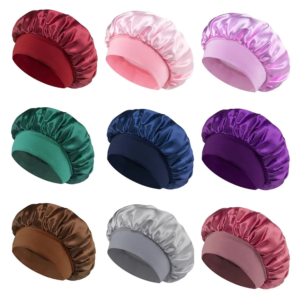 Nine Women Satin Bonnet Hair Bonnet for Sleeping Hair Care Silk Bonnets Solid Wide-brimmed Sleeping Hat with Elastic Soft Band in various colors including red, pink, purple, green, navy blue, violet, brown, silver, and rose.