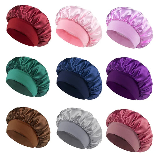 Nine Women Satin Bonnet Hair Bonnet for Sleeping Hair Care Silk Bonnets Solid Wide-brimmed Sleeping Hat with Elastic Soft Band in various colors including red, pink, purple, green, navy blue, violet, brown, silver, and rose.