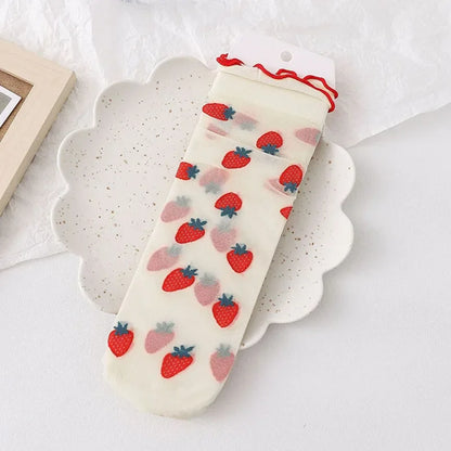Dopamine JK Kawaii Fruit Ruffled Cute Silk Socks Women Summer Thin Breathable Flower Crystal Sexy Transparent Female Lace Socks