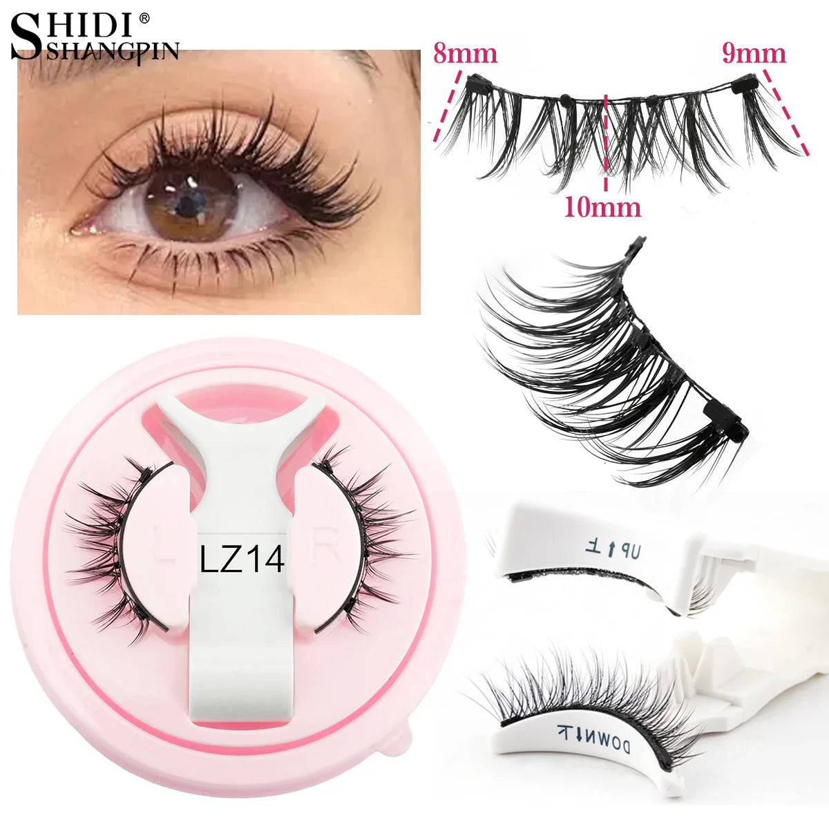Hot 1 Pair Magnetic Eyelashes Handmade Fluffy Faux Mink Lashes Reusable Natural False Eyelashes and Magnetic Tweezers Set Makeup shown with close-up of eye wearing lashes, lash size details, and pink case with applicator.