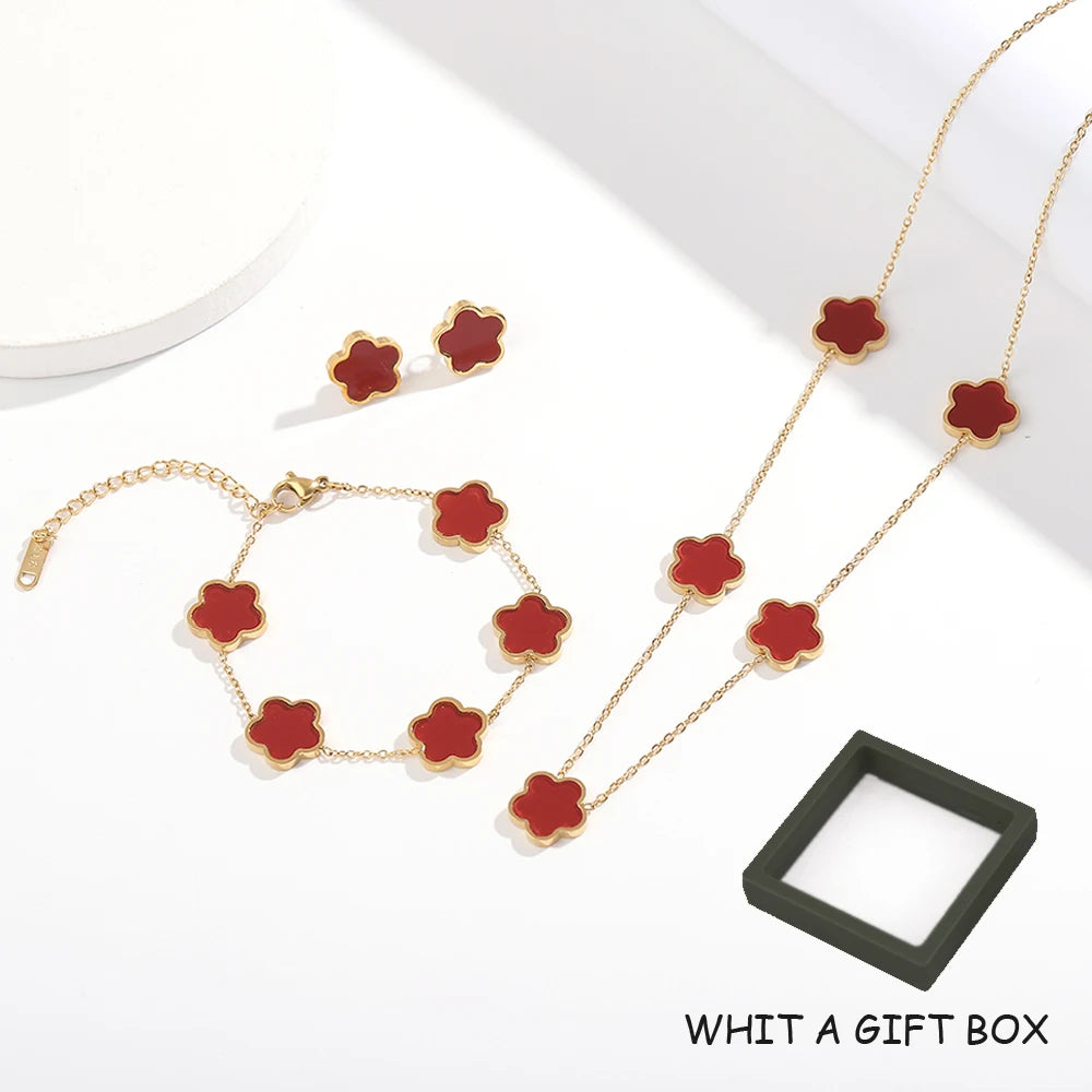 ALTERA 2023 High Quality Stainless Steel Luxury Five Leaf Flower Pendant Jewelry Set/3pcs for Women Clover Bracelet Jewelry Gift