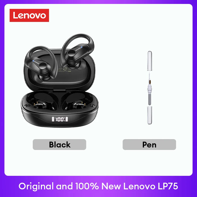 Original Lenovo LP75 TWS Bluetooth V5.3 Headphones Wireless LED Digital Display Earphones Noise Reduction Waterproof Headset New in black with charging case and pen for scale.