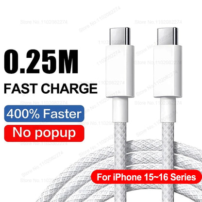 PD 40W Fast Charger For iPhone 14 13 12 11 15 16 Pro Max Phone Charger For iPhone 15 16 Plus USB C Cable Fast Charging Data Line showing a white USB-C cable for fast charging with 0.25M length and compatibility with iPhone 15-16 series.