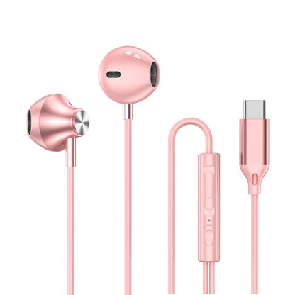 For Samsung Headphones HiFi Surround Sound In-ear USB Type C 3.5mm With wire control Wired Earplugs For Galaxy S24 S23 S22 Ultra in pink with inline remote and USB Type C connector