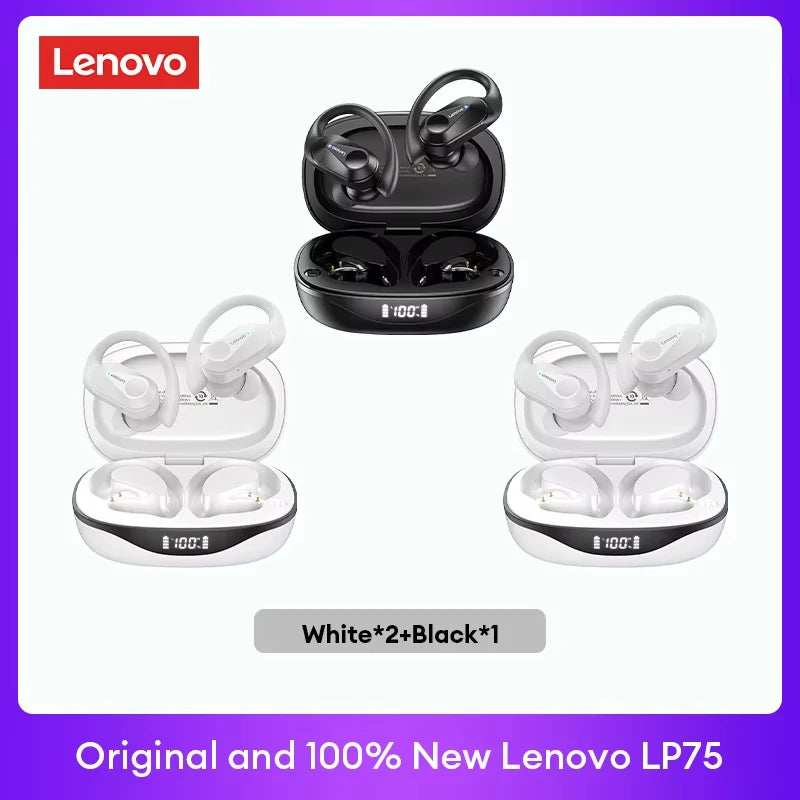Original Lenovo LP75 TWS Bluetooth V5.3 Headphones Wireless LED Digital Display Earphones Noise Reduction Waterproof Headset New in black and white with charging cases shown.