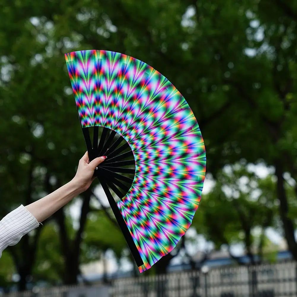 33cm Large Folding Hand Rave Fan Chinease/Japanese Gradient Colorful Reflective Foldable Fan Music Festival Fan Dance Fan Gifts