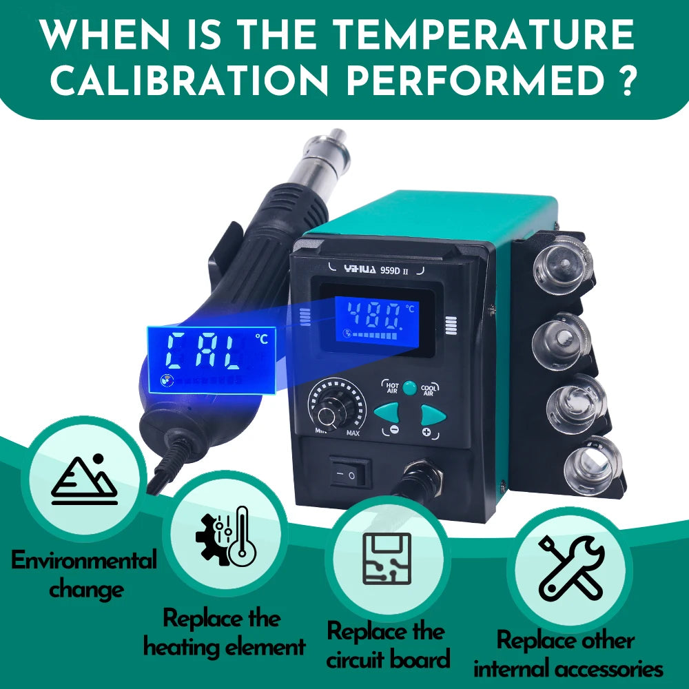 YIHUA 959D-II 700W Rework Station with Easy Plug-pull Nozzles Hot Air Gun Welding Station Digital Temperature Calibration