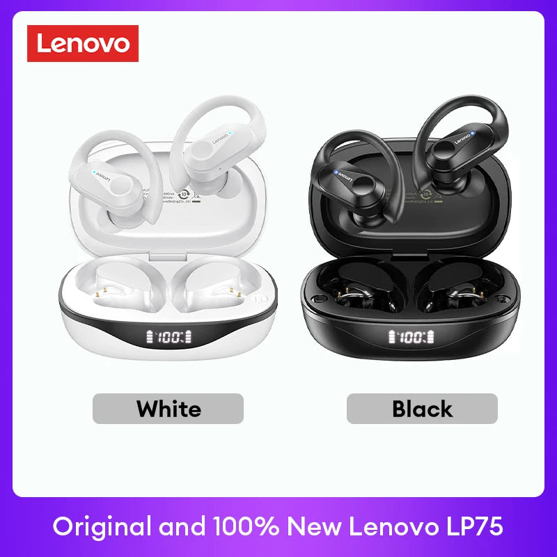 Original Lenovo LP75 TWS Bluetooth V5.3 Headphones Wireless LED Digital Display Earphones Noise Reduction Waterproof Headset New shown in white and black colors with charging cases.