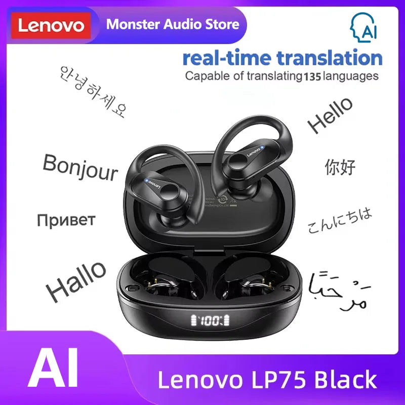 Original Lenovo LP75 TWS Bluetooth V5.3 Headphones Wireless LED Digital Display Earphones Noise Reduction Waterproof Headset New shown in black with charging case featuring real-time translation capabilities.