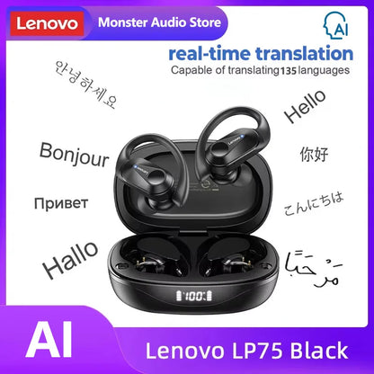 Original Lenovo LP75 TWS Bluetooth V5.3 Headphones Wireless LED Digital Display Earphones Noise Reduction Waterproof Headset New shown in black with charging case featuring real-time translation capabilities.