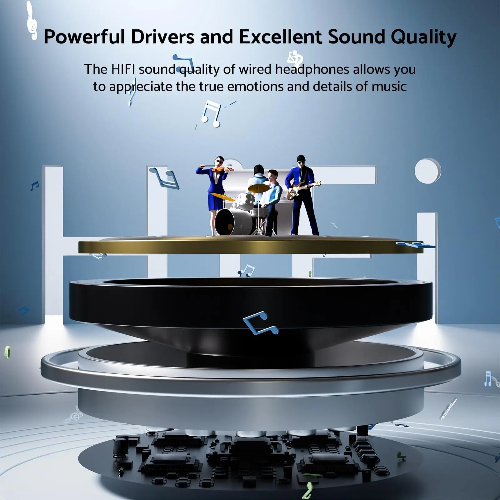 Illustration of powerful drivers with a tiny band playing music on top, emphasizing excellent sound quality of For Samsung Headphones HiFi Surround Sound In-ear USB Type C 3.5mm With wire control Wired Earplugs For Galaxy S24 S23 S22 Ultra.