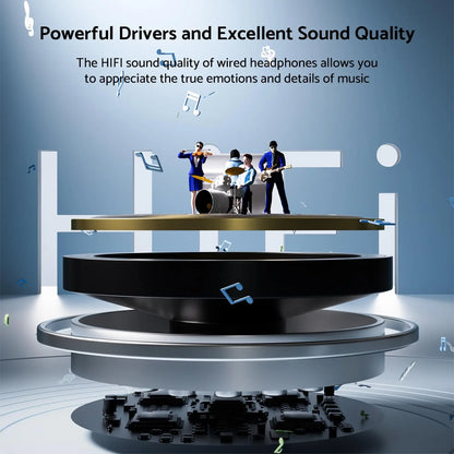 Illustration of powerful drivers with a tiny band playing music on top, emphasizing excellent sound quality of For Samsung Headphones HiFi Surround Sound In-ear USB Type C 3.5mm With wire control Wired Earplugs For Galaxy S24 S23 S22 Ultra.