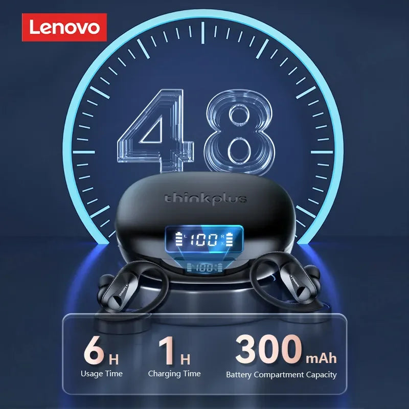 Original Lenovo LP75 TWS Bluetooth V5.3 Headphones Wireless LED Digital Display Earphones Noise Reduction Waterproof Headset New shown with charging case displaying battery level and highlighting 6-hour usage, 1-hour charging, and 300mAh capacity.