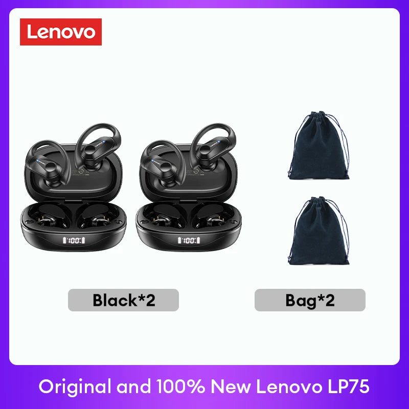 Original Lenovo LP75 TWS Bluetooth V5.3 Headphones Wireless LED Digital Display Earphones Noise Reduction Waterproof Headset New with two black charging cases and two black carrying bags.