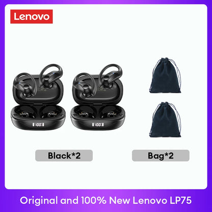 Original Lenovo LP75 TWS Bluetooth V5.3 Headphones Wireless LED Digital Display Earphones Noise Reduction Waterproof Headset New with two black charging cases and two black carrying bags.