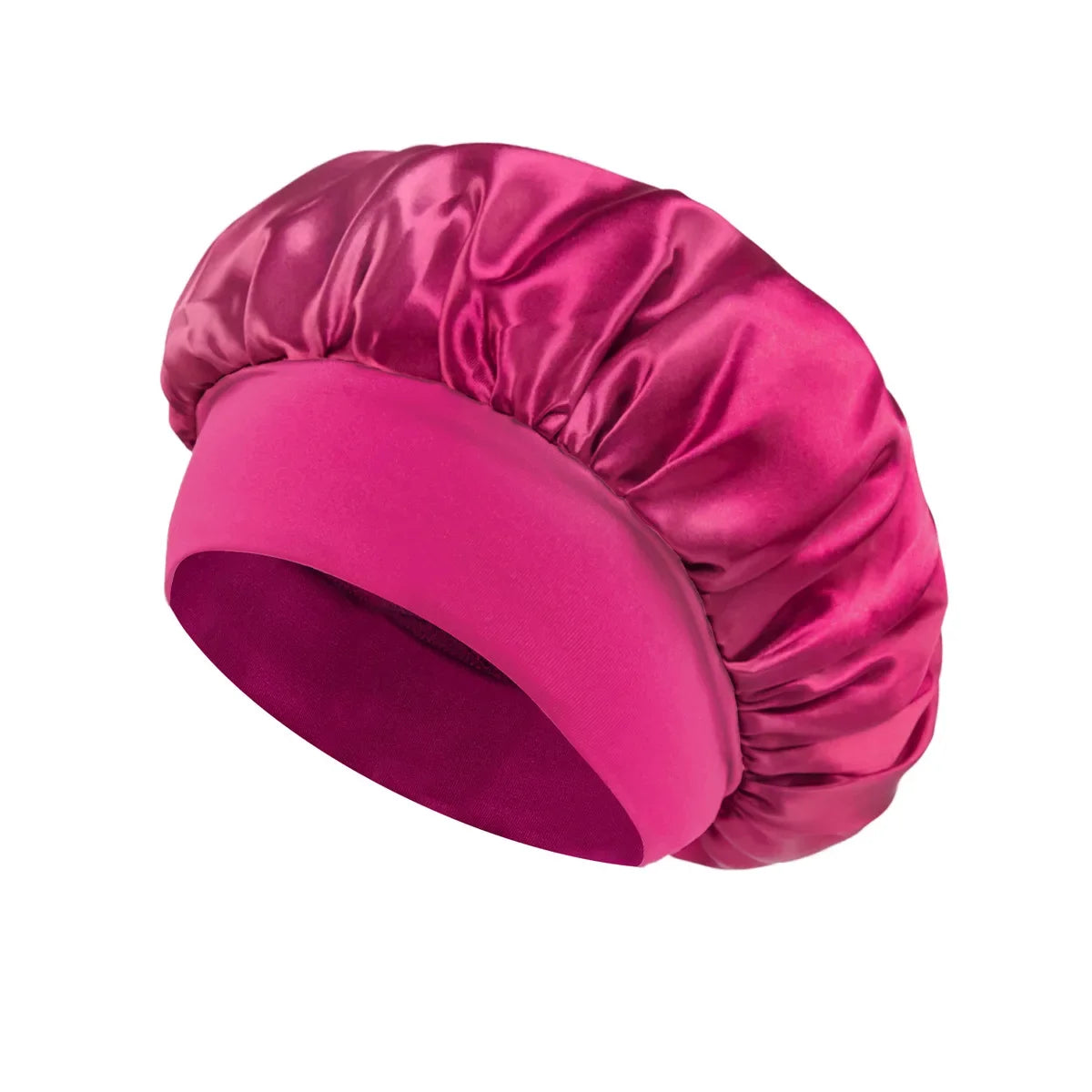 Bright pink Women Satin Bonnet Hair Bonnet for Sleeping Hair Care Silk Bonnets Solid Wide-brimmed Sleeping Hat with Elastic Soft Band, designed for comfortable night hair protection.