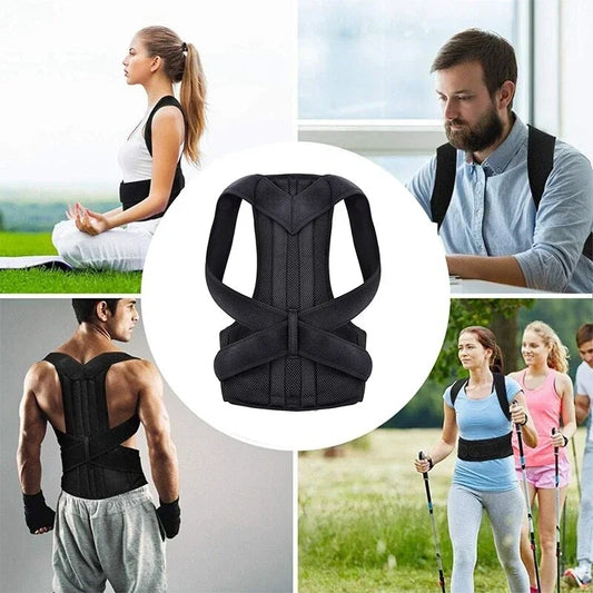 Achieve Posture with Adjustable, Breathable Polyester Posture Corrector - Universal Fit for Pain Rel shown worn by men and women during work, exercise, meditation, and walking outdoors.