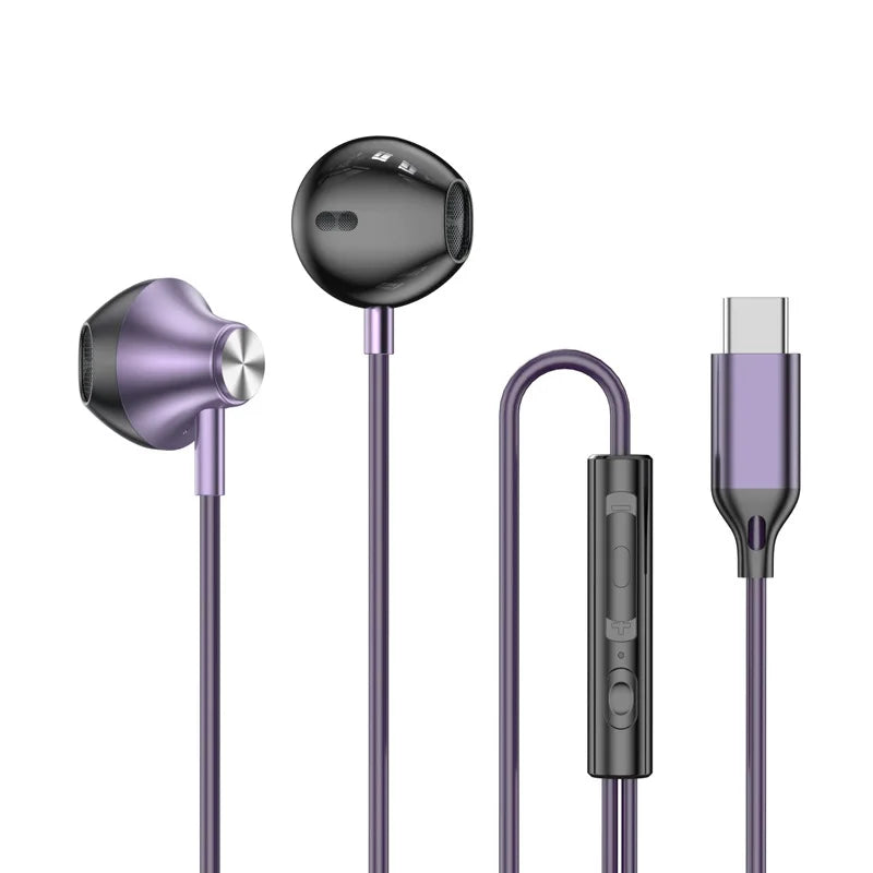 For Samsung Headphones HiFi Surround Sound In-ear USB Type C 3.5mm With wire control Wired Earplugs For Galaxy S24 S23 S22 Ultra in sleek purple with inline remote control and audio connector.