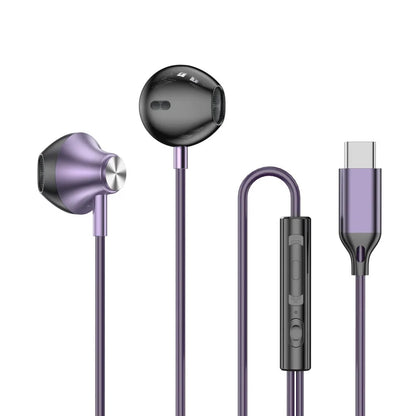 For Samsung Headphones HiFi Surround Sound In-ear USB Type C 3.5mm With wire control Wired Earplugs For Galaxy S24 S23 S22 Ultra in sleek purple with inline remote control and audio connector.