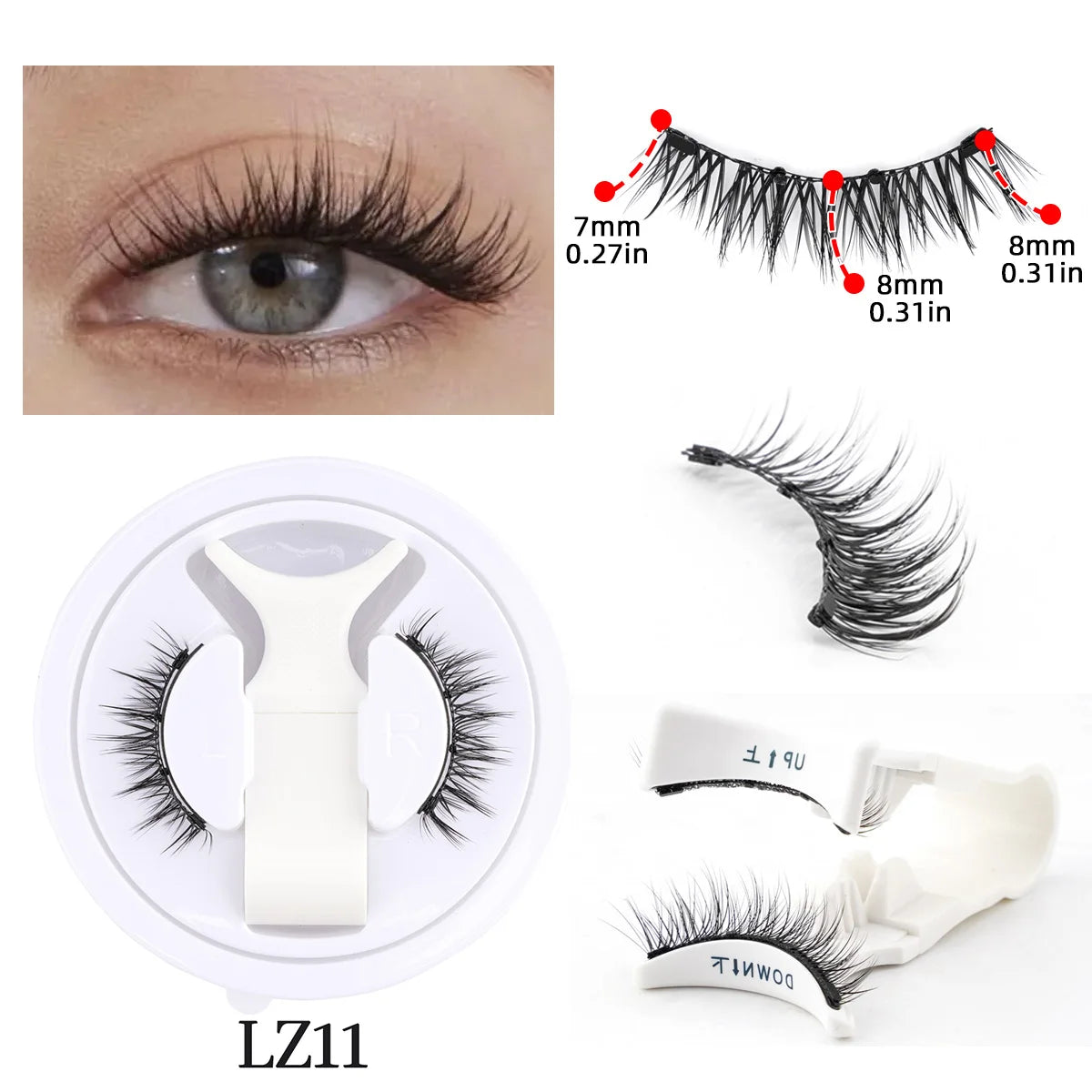 Hot 1 Pair Magnetic Eyelashes Handmade Fluffy Faux Mink Lashes Reusable Natural False Eyelashes and Magnetic Tweezers Set Makeup shown applied on an eye and in various close-up views highlighting lash length and the included tweezers.