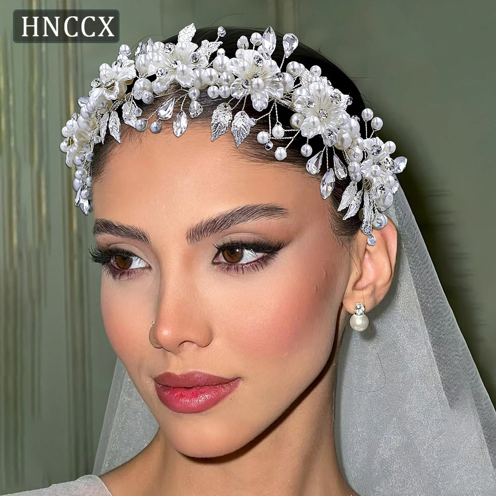 HNCCX Silver Color Alloy Leaves Hair Accessories For Elegant Girls Bride Wedding Hair Jewelry Pearl Headpieces Gift CP603