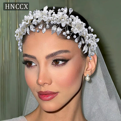 HNCCX Silver Color Alloy Leaves Hair Accessories For Elegant Girls Bride Wedding Hair Jewelry Pearl Headpieces Gift CP603