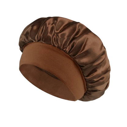 Women Satin Bonnet Hair Bonnet for Sleeping Hair Care Silk Bonnets Solid Wide-brimmed Sleeping Hat with Elastic Soft Band in rich brown satin, designed to protect hair overnight with comfort and style.