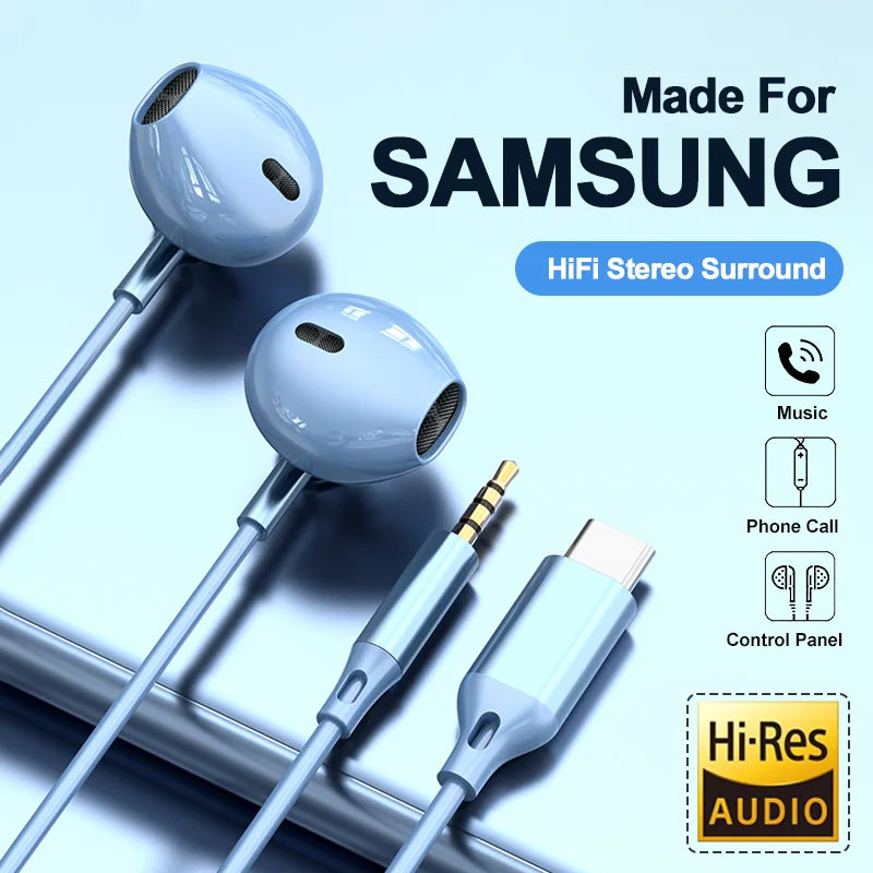 For Samsung Headphones HiFi Surround Sound In-ear USB Type C 3.5mm With wire control Wired Earplugs For Galaxy S24 S23 S22 Ultra in sleek blue color, featuring Hi-Fi stereo surround, music playback, phone call, and control panel functions.