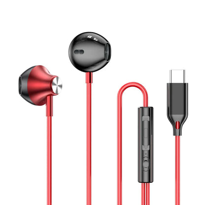 For Samsung Headphones HiFi Surround Sound In-ear USB Type C 3.5mm With wire control Wired Earplugs For Galaxy S24 S23 S22 Ultra in red and black with inline control and USB Type C connector designed for electronic items.