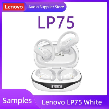 Original Lenovo LP75 TWS Bluetooth V5.3 Headphones Wireless LED Digital Display Earphones Noise Reduction Waterproof Headset New shown in white with charging case and digital battery display.