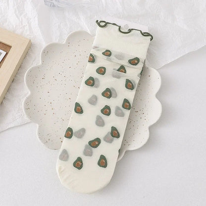 Dopamine JK Kawaii Fruit Ruffled Cute Silk Socks Women Summer Thin Breathable Flower Crystal Sexy Transparent Female Lace Socks