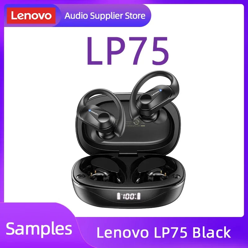 Original Lenovo LP75 TWS Bluetooth V5.3 Headphones Wireless LED Digital Display Earphones Noise Reduction Waterproof Headset New shown in black with charging case and LED battery display