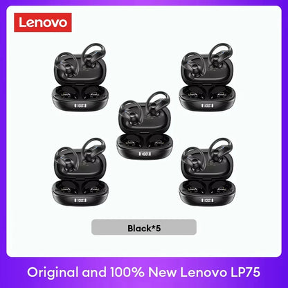 Five sets of Original Lenovo LP75 TWS Bluetooth V5.3 Headphones Wireless LED Digital Display Earphones Noise Reduction Waterproof Headset New in black with charging cases visible.