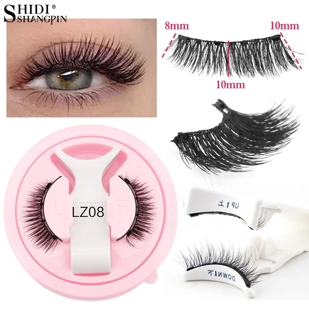 Close-up of an eye wearing Hot 1 Pair Magnetic Eyelashes Handmade Fluffy Faux Mink Lashes Reusable Natural False Eyelashes and Magnetic Tweezers Set Makeup with detailed lash length measurements and lash pair in pink case with white magnetic tweezers.