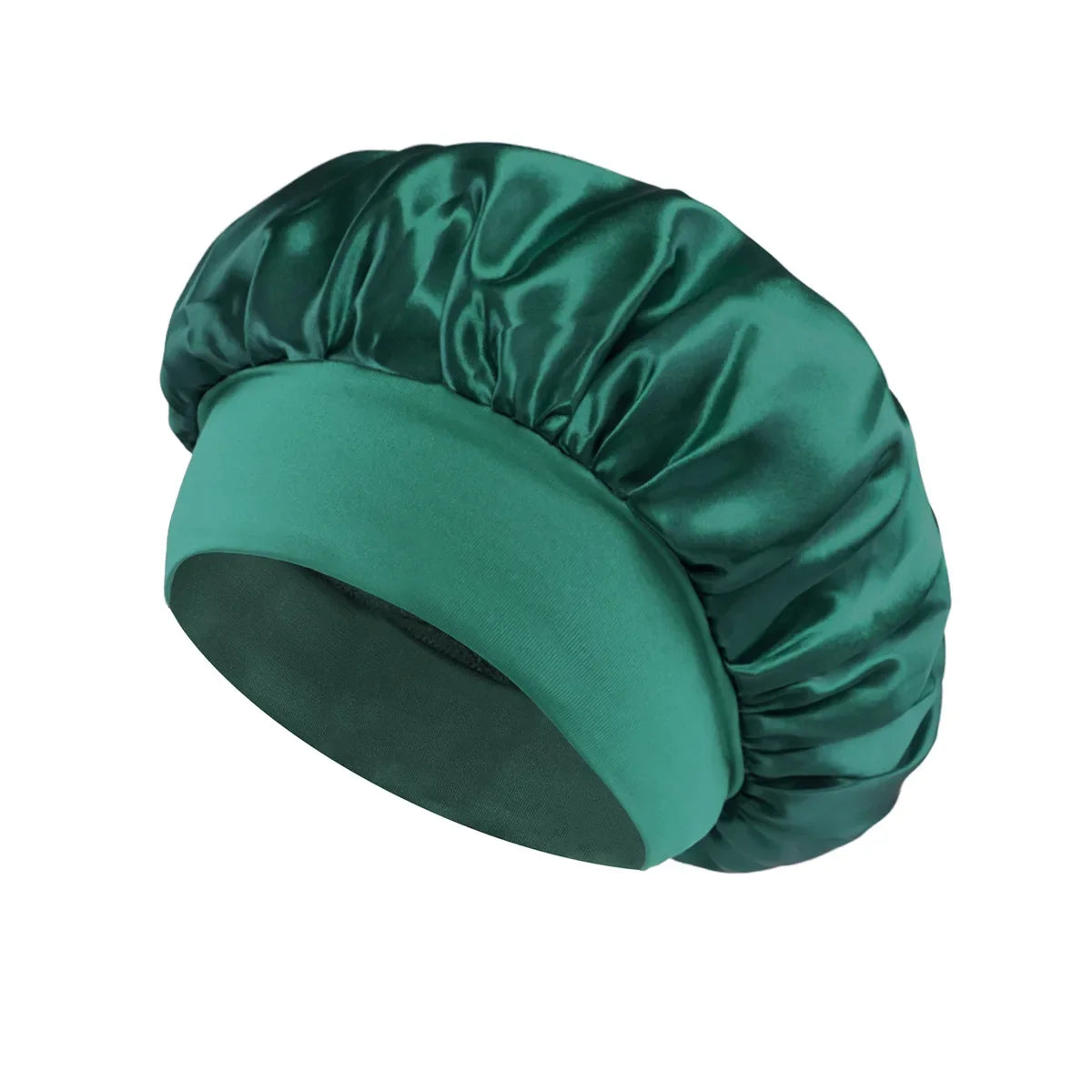 Women Satin Bonnet Hair Bonnet for Sleeping Hair Care Silk Bonnets Solid Wide-brimmed Sleeping Hat with Elastic Soft Band in deep green satin for gentle hair protection and comfort.