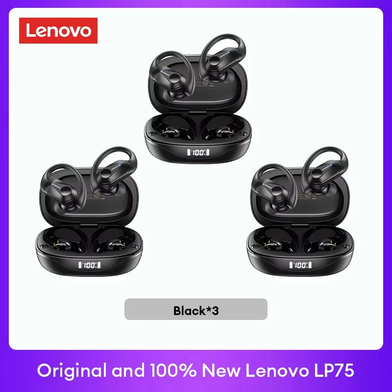 Three sets of Original Lenovo LP75 TWS Bluetooth V5.3 Headphones Wireless LED Digital Display Earphones Noise Reduction Waterproof Headset New in black, shown with charging cases.