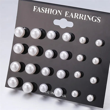 Korean Women Earrings 12 Pair/Set Beige White Pearl Simple Fashion Earrings Wedding Jewelry For Gift Valentine's Day gift