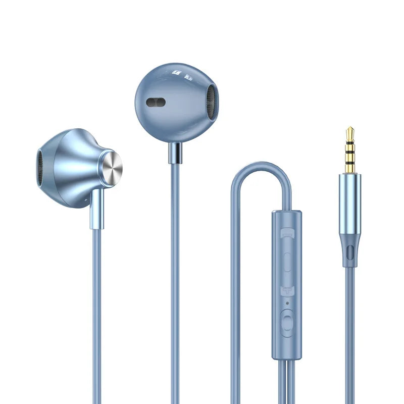 For Samsung Headphones HiFi Surround Sound In-ear USB Type C 3.5mm With wire control Wired Earplugs For Galaxy S24 S23 S22 Ultra in metallic blue with inline control and 3.5mm audio jack.