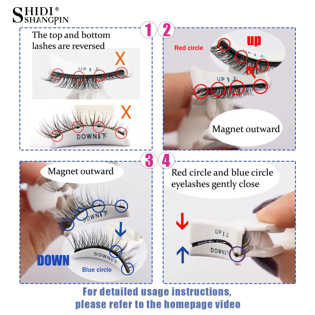 Step-by-step visual guide demonstrating how to correctly apply Hot 1 Pair Magnetic Eyelashes Handmade Fluffy Faux Mink Lashes Reusable Natural False Eyelashes and Magnetic Tweezers Set Makeup using red and blue circle magnets for proper alignment and secure fit.